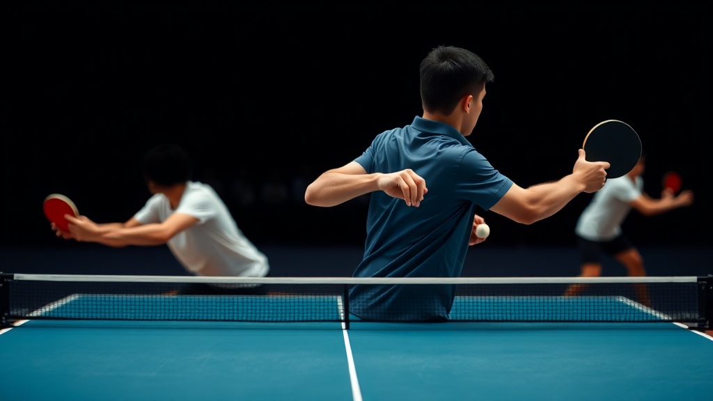 탁구 스윙의 측면 각도에서 본 신체 중심 이동과 라켓 궤적을 보여주는 참고 이미지
